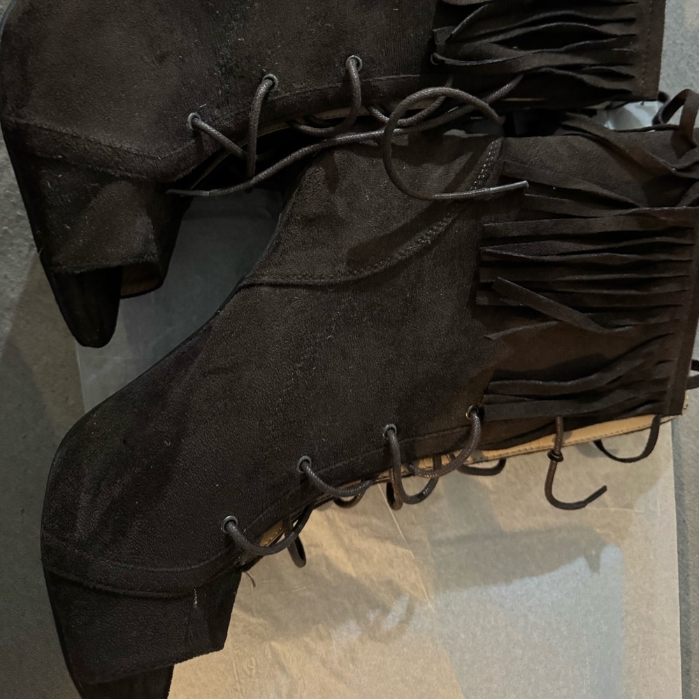 Brown suede fringe top high heel booties